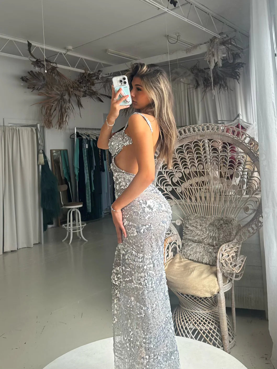 Beautiful model wearing Silver Starlet Gown HIRE, by Amy Taylor Collection. Contact us today to order your perfect outfit. 1