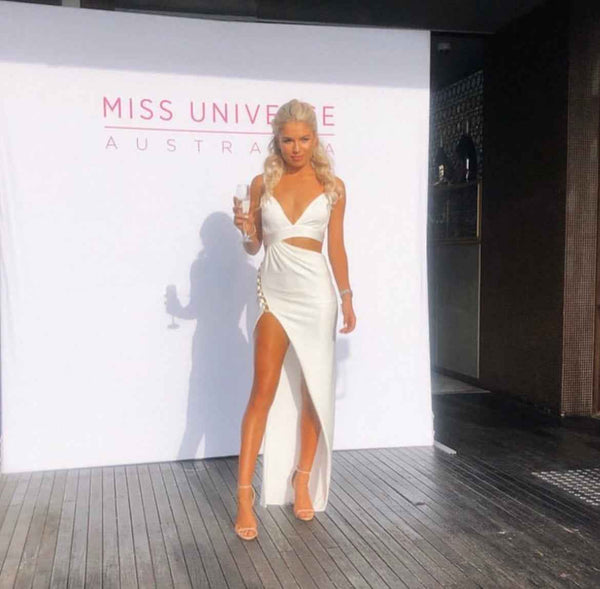 white christmas dresses White Grecian Maxi Long Formal Prom Evening Dress with Slit EN5602