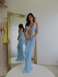  Beautiful model wearing Eden Sleeveless Gown HIRE (Baby Blue), by Amy Taylor Collection. Contact us today to order your perfect outfit. 1 