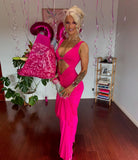  Beautiful model wearing Eden Sleeveless Gown HIRE (Hot Pink), by Amy Taylor Collection. Contact us today to order your perfect outfit. 1 