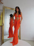  Beautiful model wearing Eden Sleeveless Gown HIRE (Orange), by Amy Taylor Collection. Contact us today to order your perfect outfit. 1 