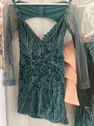Hand Beaded Emerald Long Sleeve Mini Dress - HIRE - Amy Taylor Collection