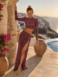  Beautiful model wearing LIMITED EDITION Merlot Noir Top - Plum (PRE-ORDER), by Amy Taylor Collection. Contact us today to order your perfect outfit. 2 