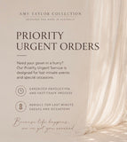  Beautiful model wearing Priority Order, by Amy Taylor Collection. Contact us today to order your perfect outfit. 1 