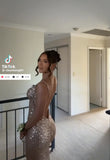  Beautiful model wearing Pure Mermaid Glitter Gown - Gold, by Amy Taylor Collection. Contact us today to order your perfect outfit. 2 