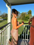  Beautiful model wearing Pure Mermaid Glitter Gown - Gold, by Amy Taylor Collection. Contact us today to order your perfect outfit. 6 