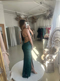  Beautiful model wearing Siren Gown HIRE (Emerald Green Sequins), by Amy Taylor Collection. Contact us today to order your perfect outfit. 1 