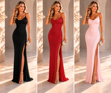 Three images of a woman wearing black, red, and pink evening gowns with a high slit, standing in a sunlit room.