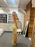 Beautiful model wearing Valencia GOLD Gown HIRE, by Amy Taylor Collection. Contact us today to order your perfect outfit. 4 