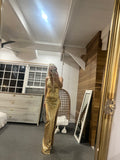  Beautiful model wearing Valencia GOLD Gown HIRE, by Amy Taylor Collection. Contact us today to order your perfect outfit. 2 