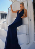  Beautiful model wearing Valencia Gown HIRE (Navy), by Amy Taylor Collection. Contact us today to order your perfect outfit. 1 