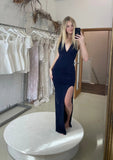  Beautiful model wearing Valencia Gown HIRE (Navy), by Amy Taylor Collection. Contact us today to order your perfect outfit. 1 