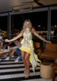  Beautiful model wearing Yellow Diamond Mini Dress HIRE, by Amy Taylor Collection. Contact us today to order your perfect outfit. 10 